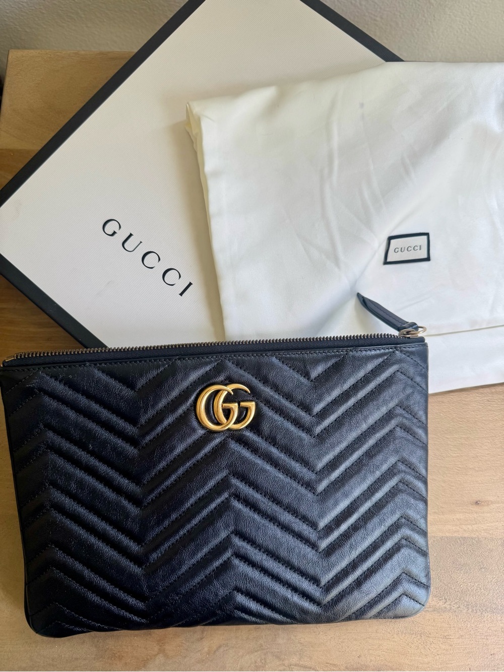 Gucci Black GG Marmont Chevron Quilted Leather Pouch with Gold Hardware